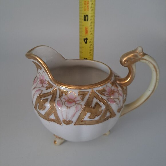 Nippon Hand-Painted Floral Cream Pitcher Gold Trim Porcelain Footed Vintage - Picture 2 of 10